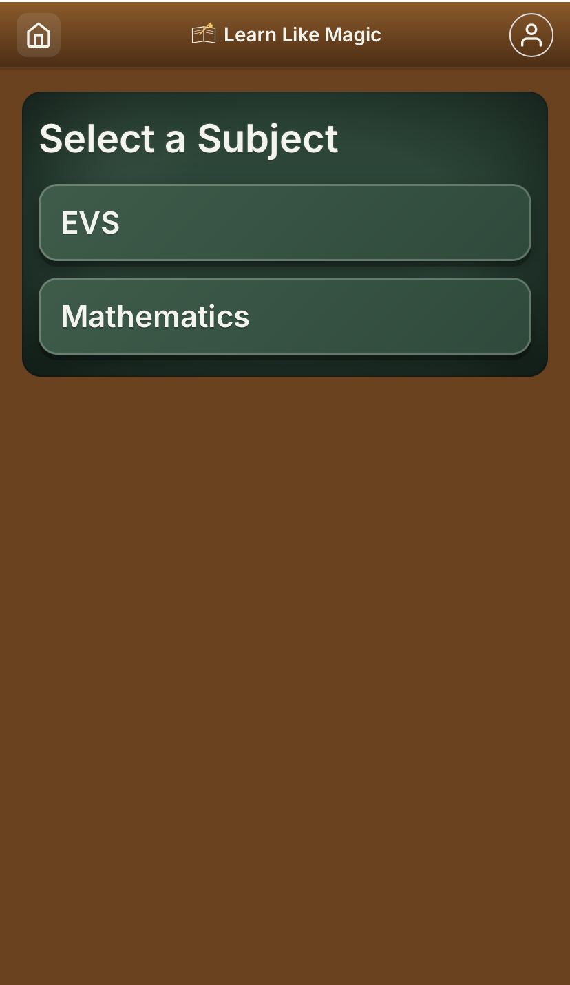 Subject selection screen showing EVS and Mathematics