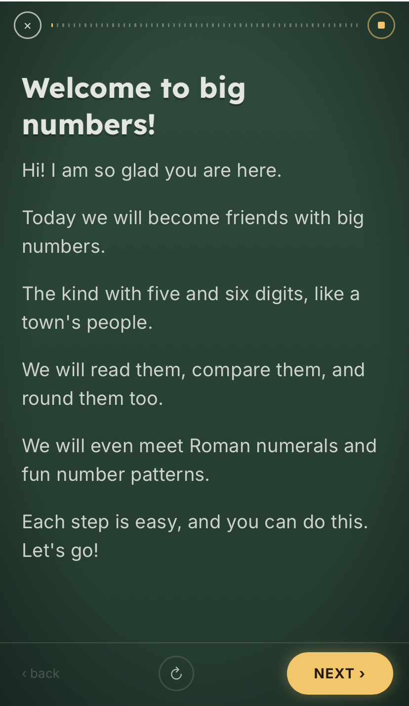 Learn Like Magic welcome screen introducing a lesson on big numbers